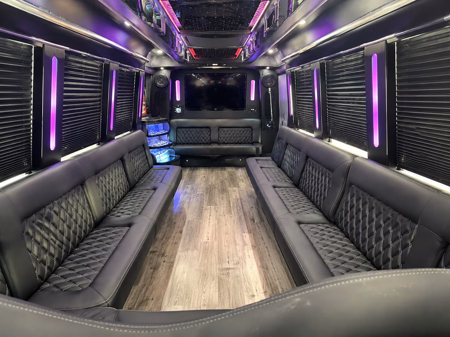 Interior of a party bus rental serving Tulsa